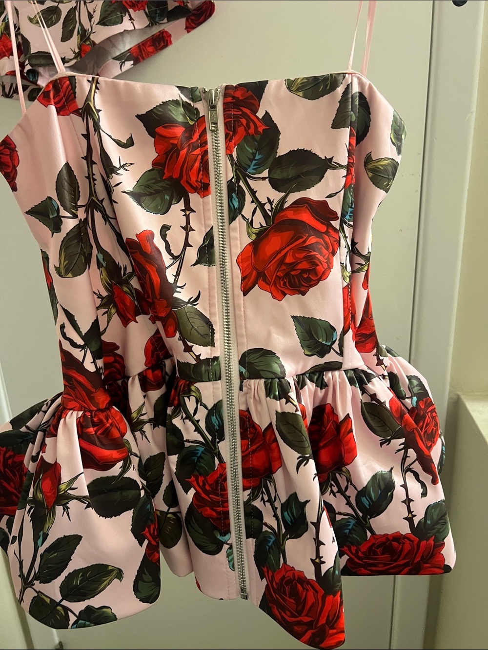 AKIRA Pink and Red Rose Print Peplum Bustier with Matching Skirt - Picture 6 of 7